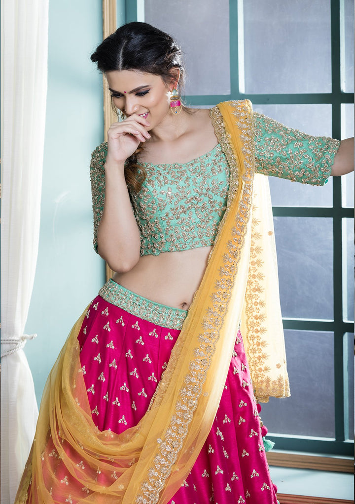 Pink Sequinned Silk Designer Lehenga-Koskii