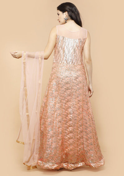 Peach Pearlwork Net Designer Gown-Koskii