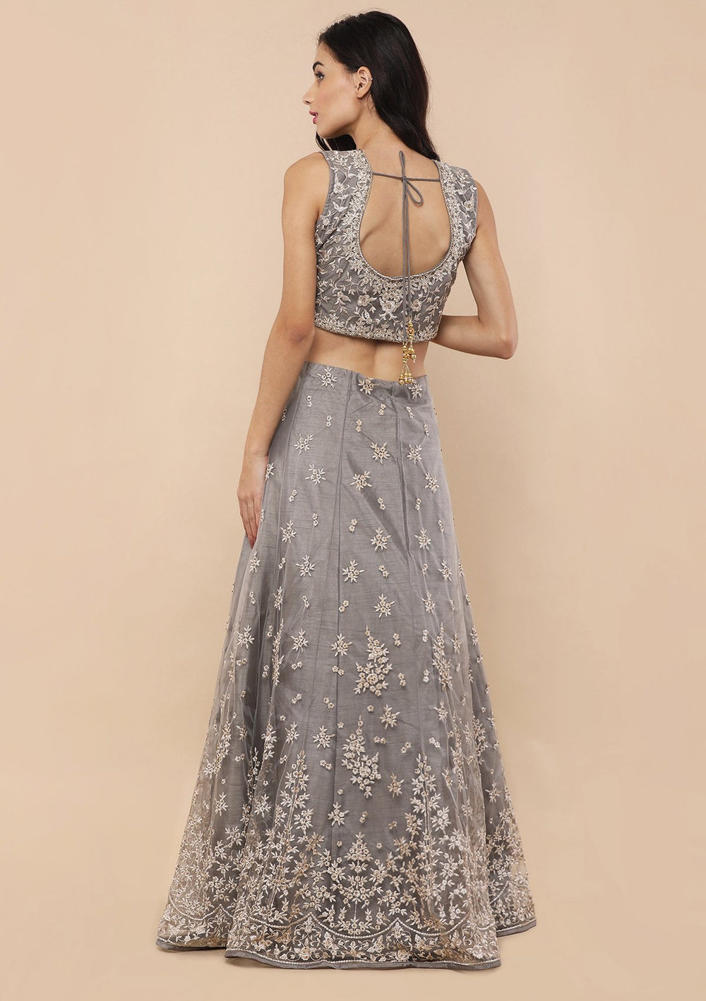 Grey Zari & Stone Work Silk Designer Gown-Koskii