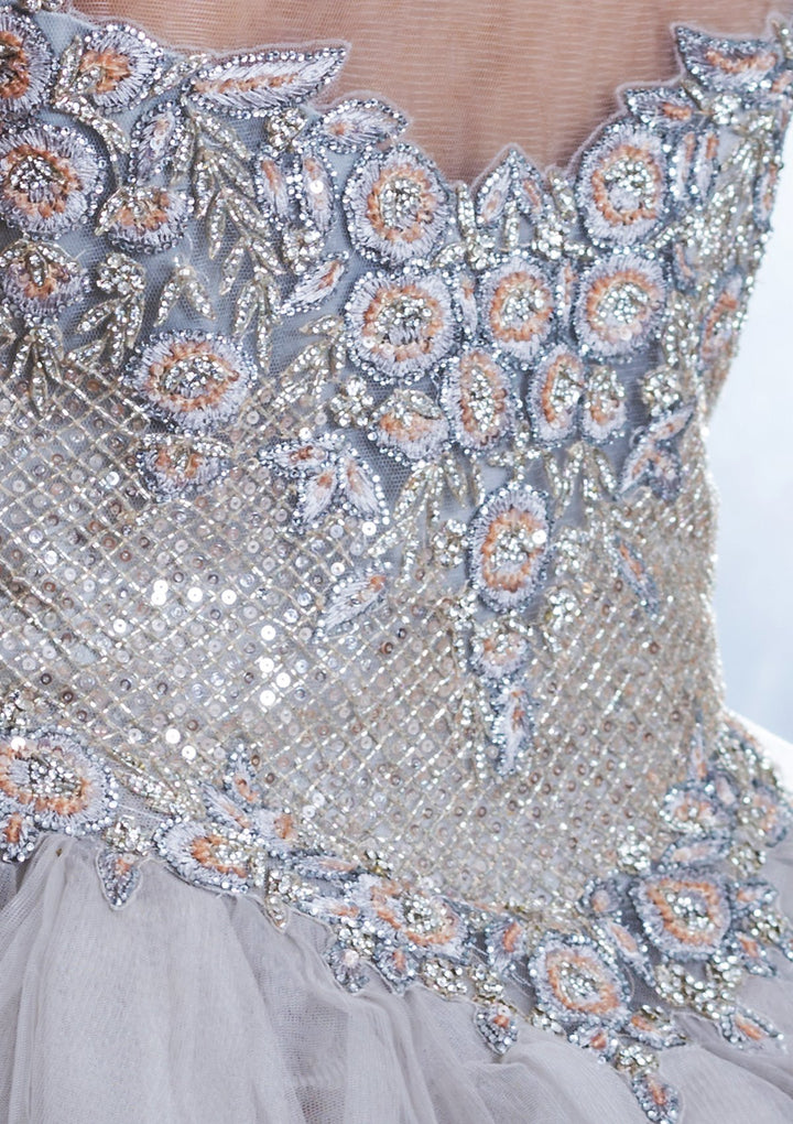 Grey Lace Work Net Designer Gown-Koskii