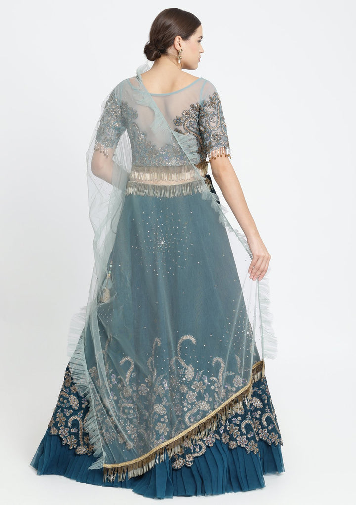 Peacock Blue Zariwork Raw Silk Designer Lehenga-Koskii