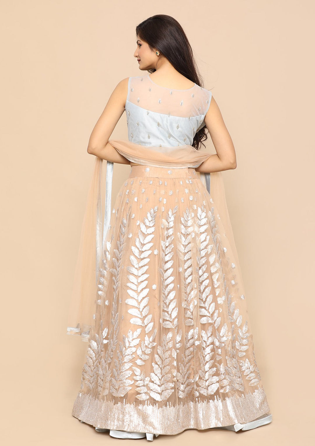 Beige Stone Work Satin Designer Lehenga-Koskii