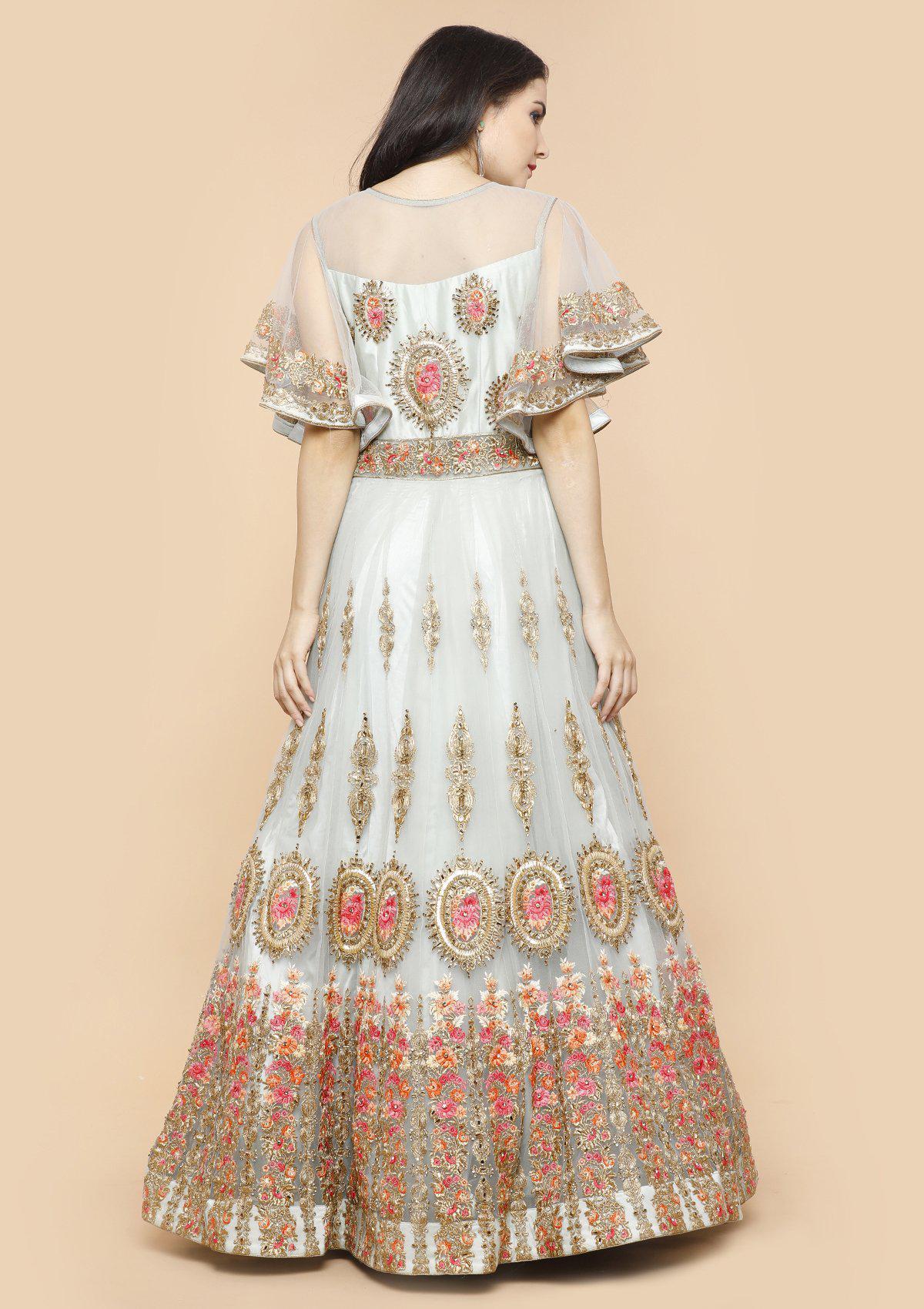 Grey Floral Threadwork Designer Gown-Koskii