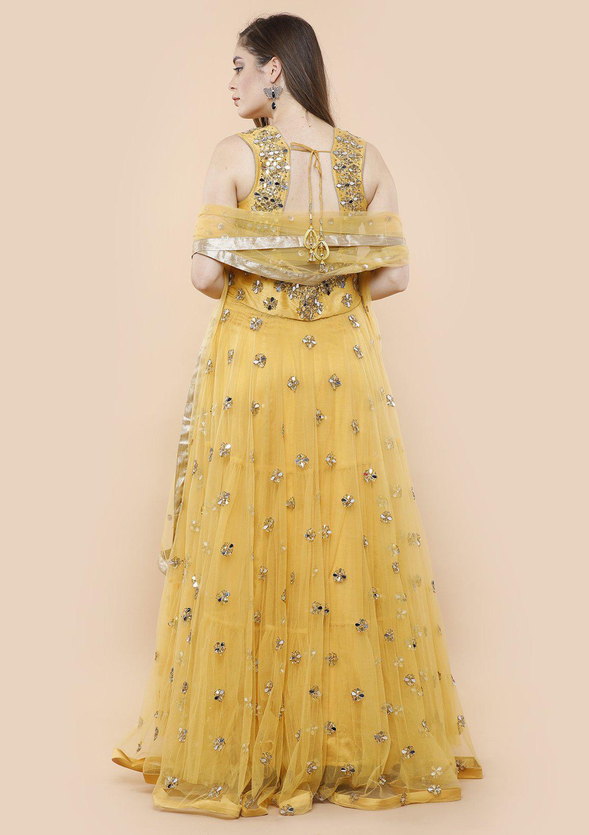 Yellow Mirrorwork Net Designer Gown-Koskii