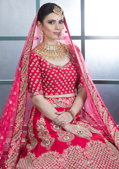 Coral Pink Pearl Embellished Designer Bridal Lehenga-Koskii