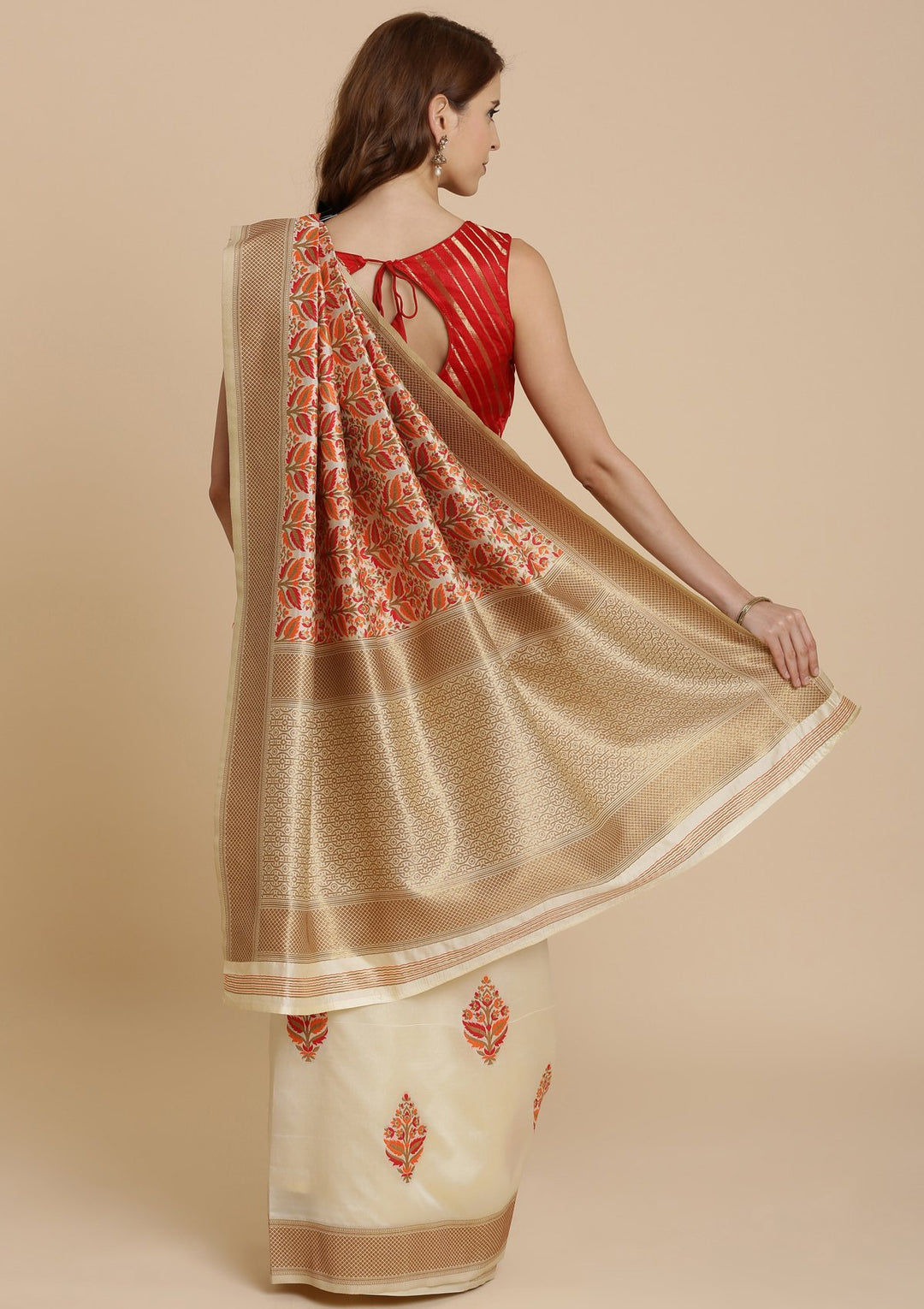 Red and Cream Thread Work Art Silk Designer Saree-Koskii