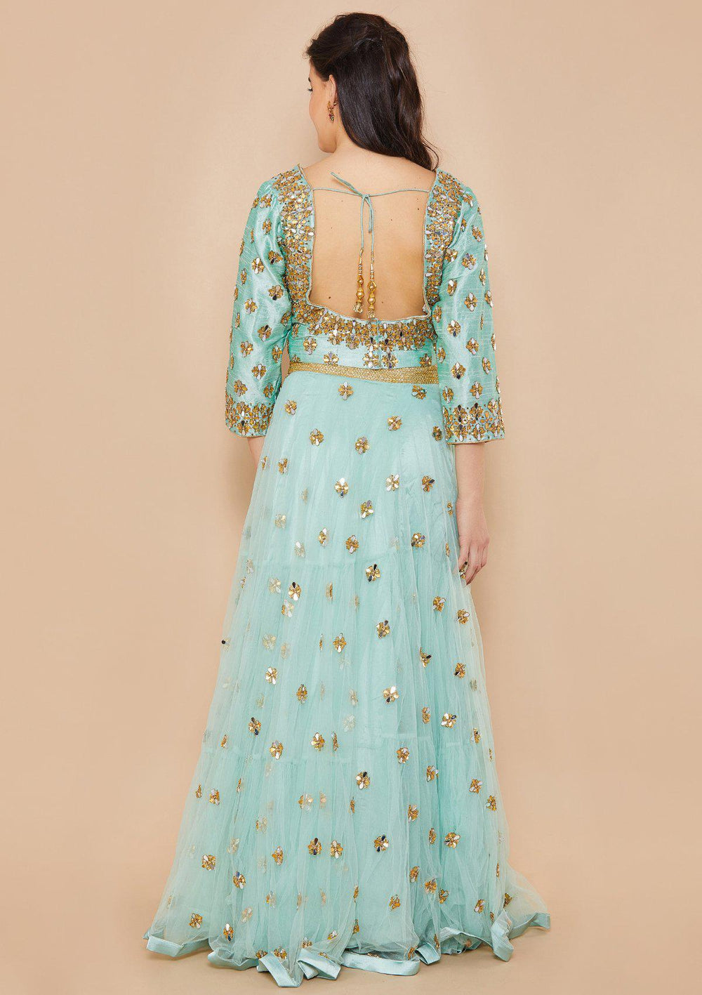Teal Mirrorwork Net Designer Lehenga-Koskii