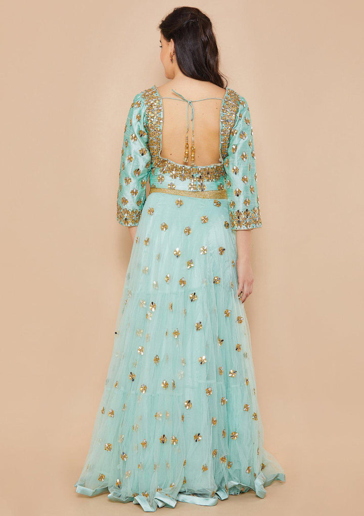 Teal Mirrorwork Net Designer Lehenga-Koskii