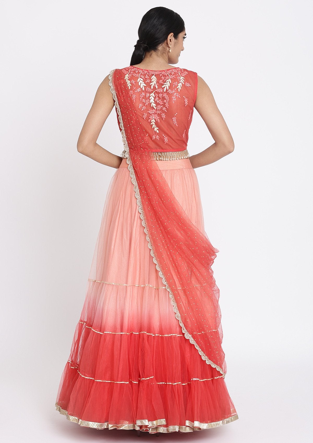 Red And Pink Threadwork Net Designer Lehenga - koskii