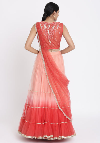 Red And Pink Threadwork Net Designer Lehenga - koskii