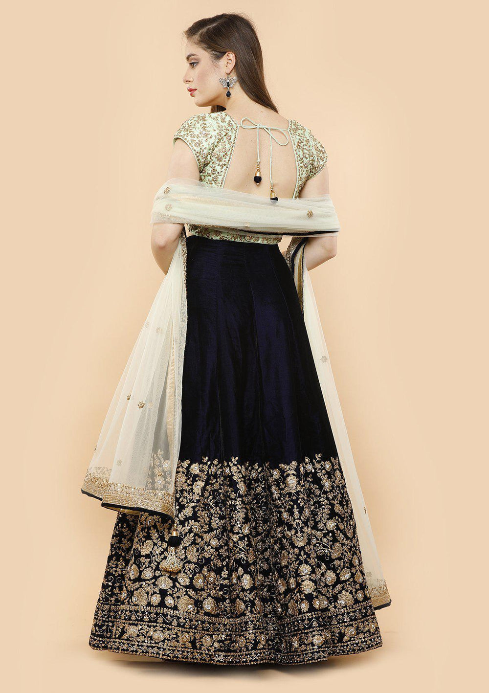 KOSKII VELVET green and midnight blue bridal lehenga-Koskii