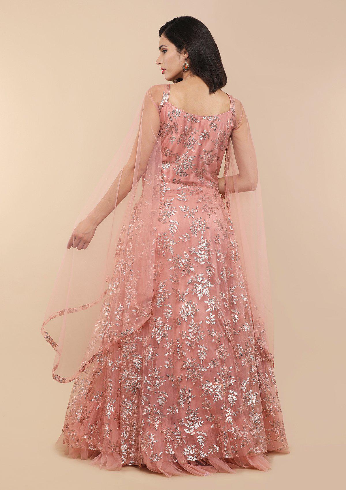 Dusty Rose Floral Printed Designer Gown-Koskii
