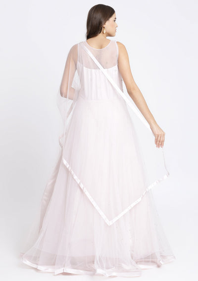 Baby Pink Silver Stonework Net Designer Gown-Koskii