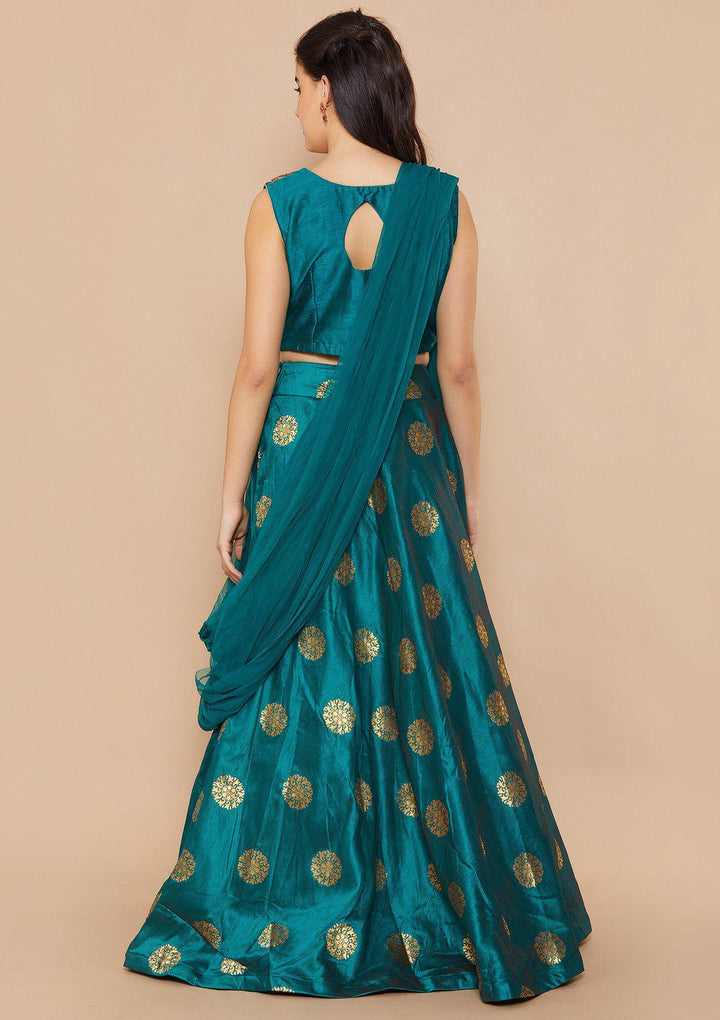 Green Stonework Raw-Silk Designer Lehenga-Koskii