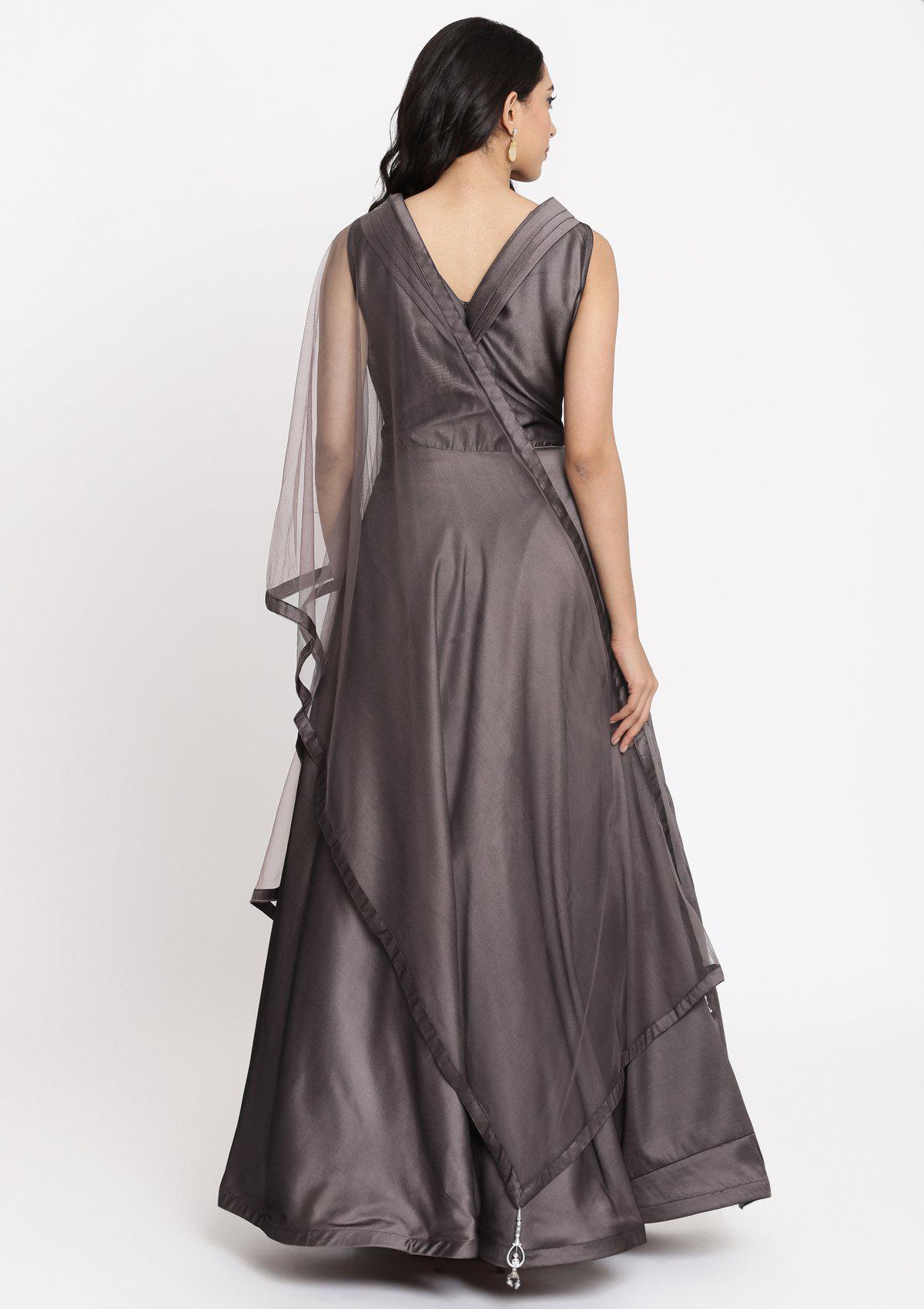 Mauve Cutdana Taffeta Silk Designer Gown-Koskii