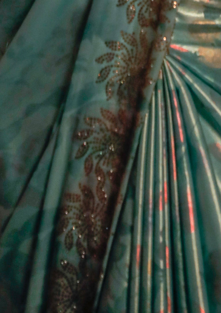 Sea Green Swarovski Shimmer Designer Saree-Koskii