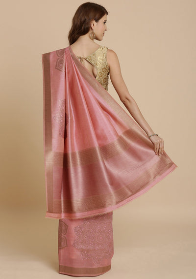 Baby Pink Zariwork Raw Silk Designer Saree-Koskii