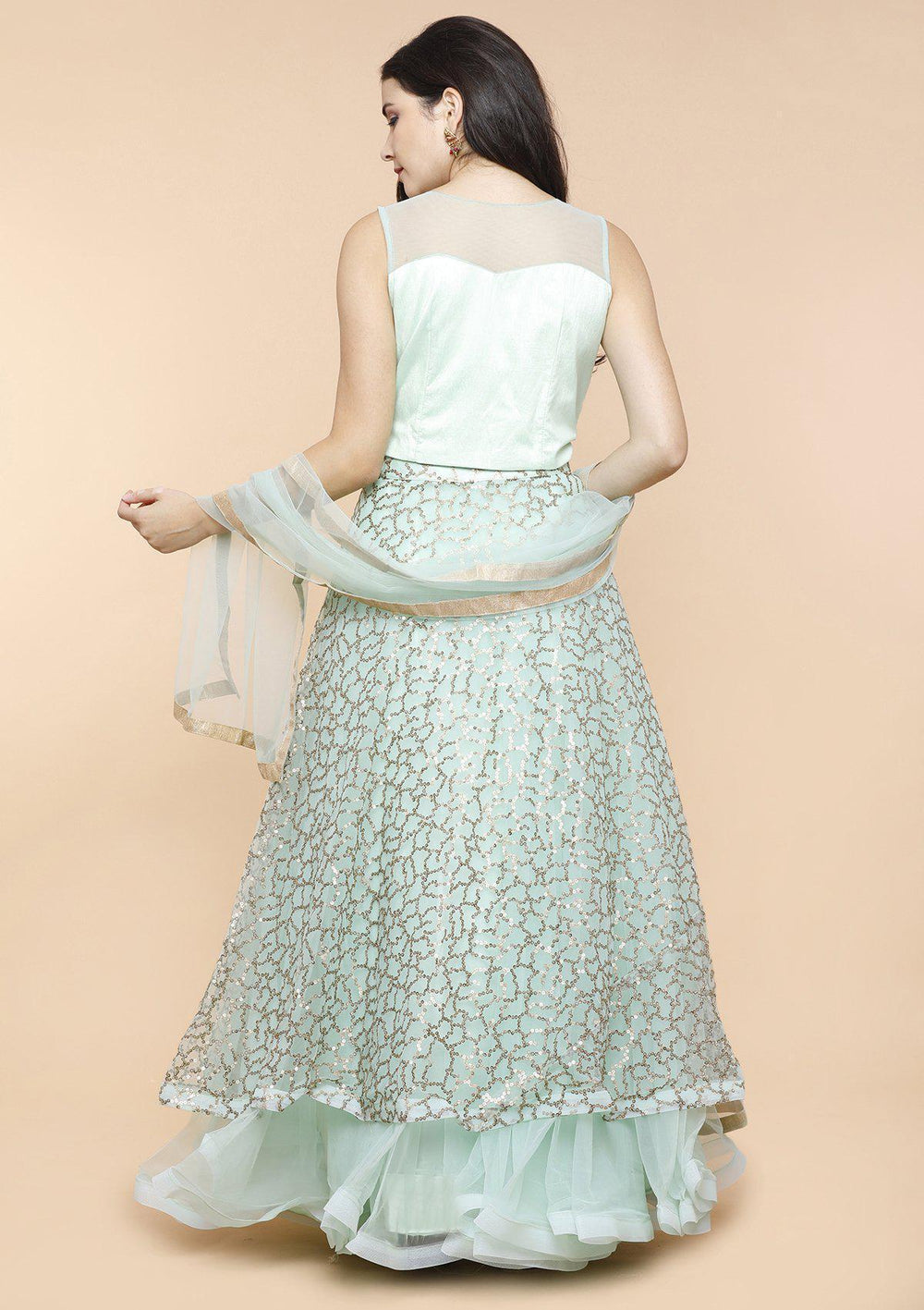 Sea Green Sequinned Designer Lehenga-Koskii