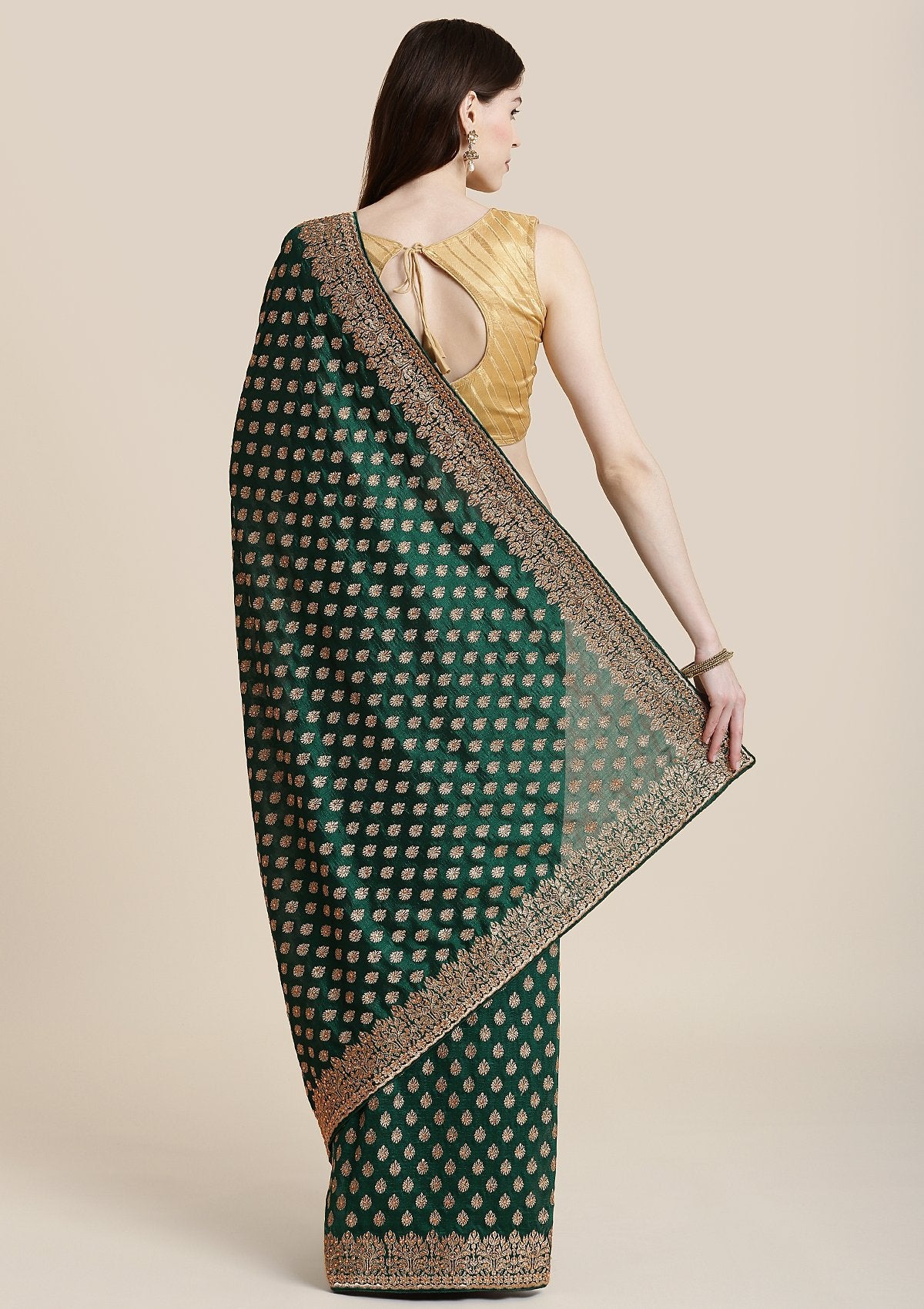 Bottle Green Zariwork Raw Silk Designer Saree-Koskii