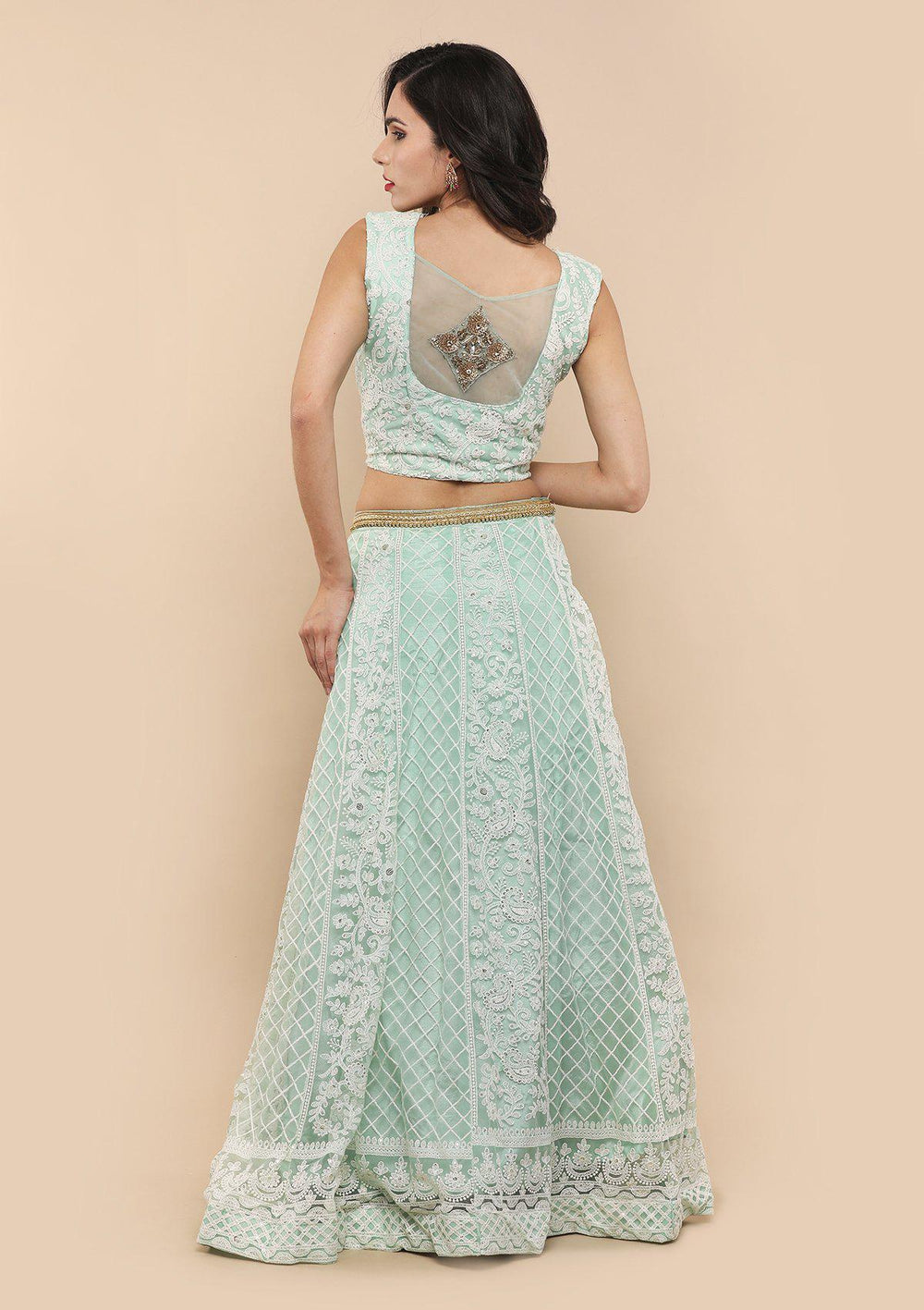 Green Thread Work Net Designer Lehenga-Koskii