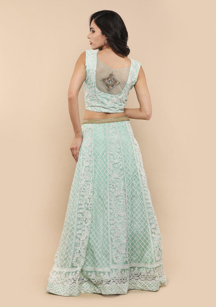 Green Thread Work Net Designer Lehenga-Koskii