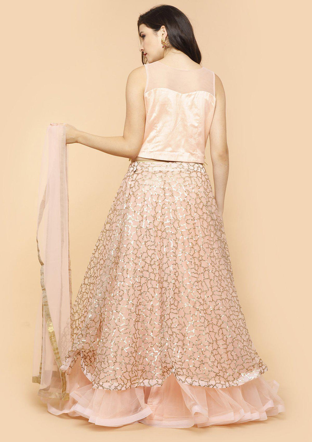 Koskii Soft Peach Sequinned Lehenga-Koskii
