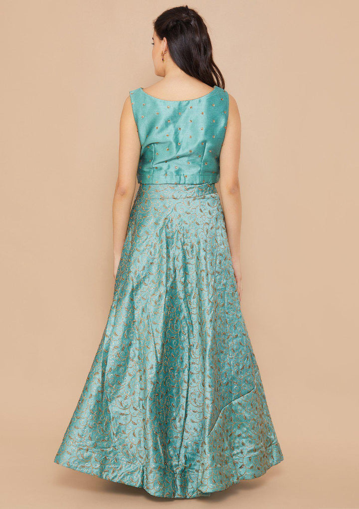 Teal Stonework Raw-Silk Designer Lehenga-Koskii
