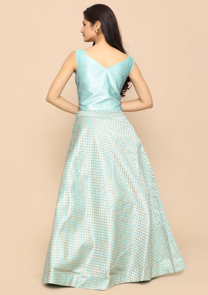 Sea Green Micro Stone Net Designer Lehenga-Koskii