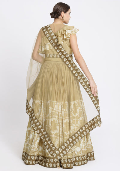 Beige Printed Satin Designer Lehenga-Koskii