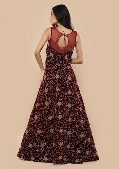 Maroon Zari Work Velvet Designer Gown-Koskii