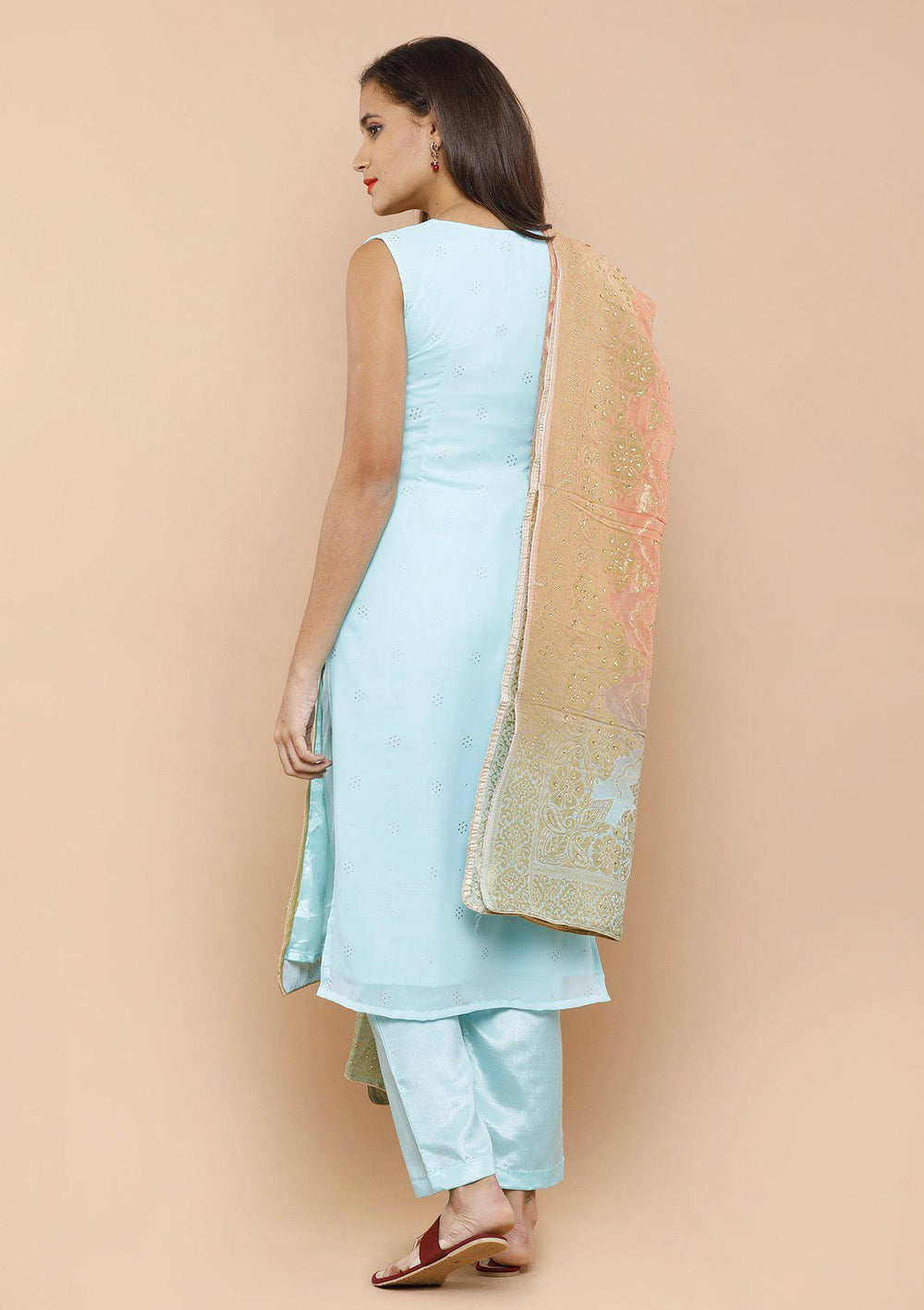 Peach and Blue Silk Designer Salwar Suit-Koskii