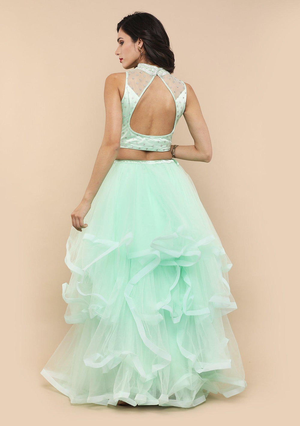 Pista Embellished Tiered Net Designer Lehenga-Koskii