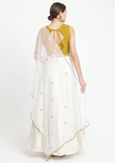 Mustard and Cream Zardozi Chanderi Designer Lehenga-Koskii
