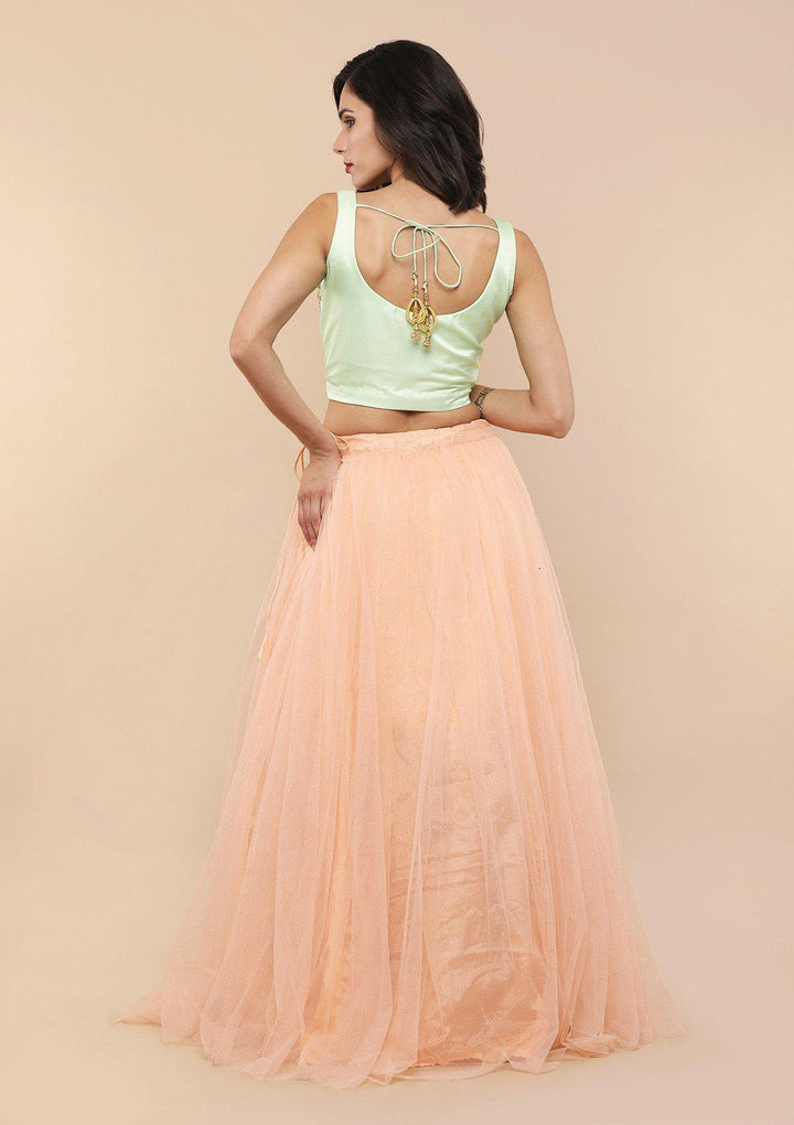 Green and Peach Silk Designer Lehenga-Koskii