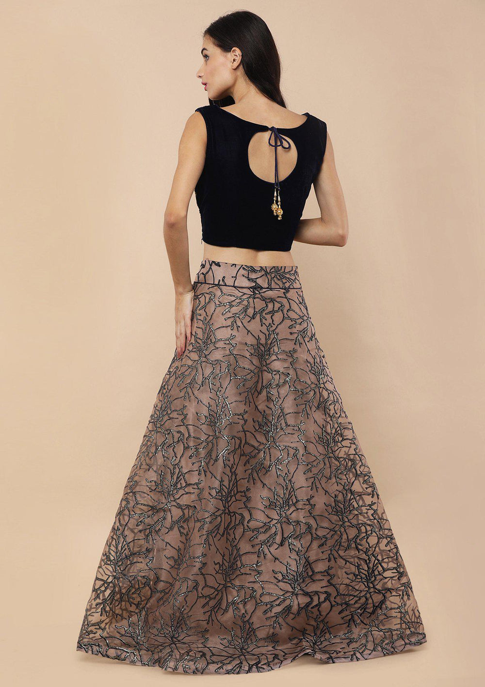 Beige Zardozi Work Velvet Designer Lehenga-Koskii