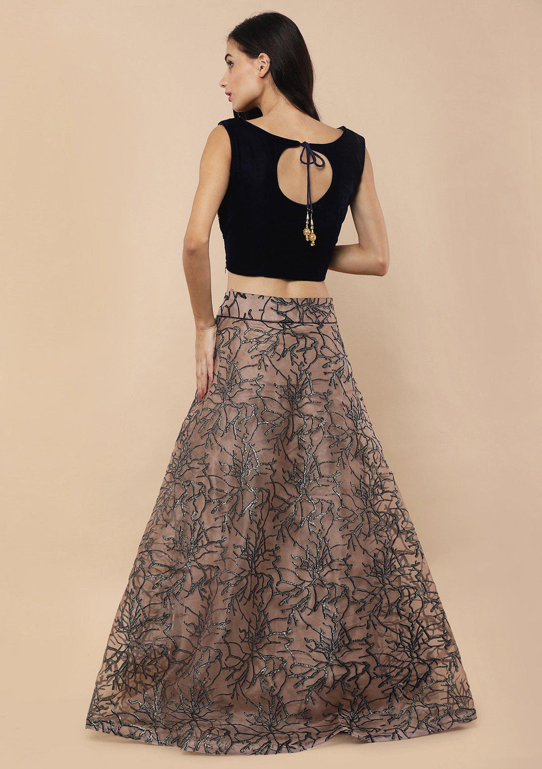 Beige Zardozi Work Velvet Designer Lehenga-Koskii