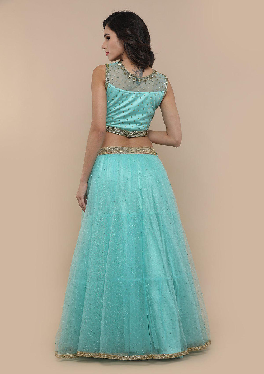 Sea Green Pearl Work Net Designer Lehenga-Koskii