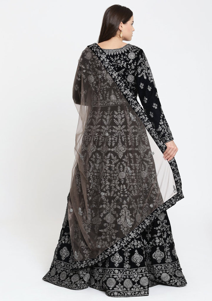 Navy Blue Zari Work Velvet Designer Lehenga-Koskii