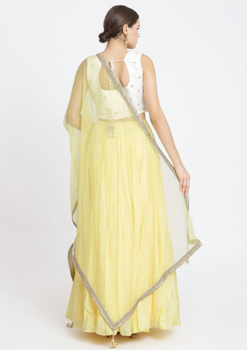 Yellow and Off-White Mirrorwork Satin Designer Lehenga-Koskii