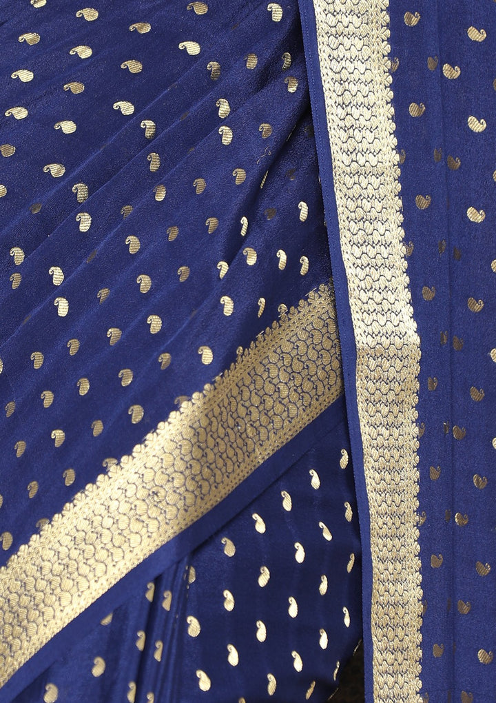 Blue and Gold Handmade Saree-Koskii