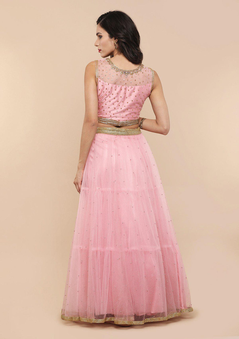 Pink Pearlwork Net Designer Lehenga-Koskii