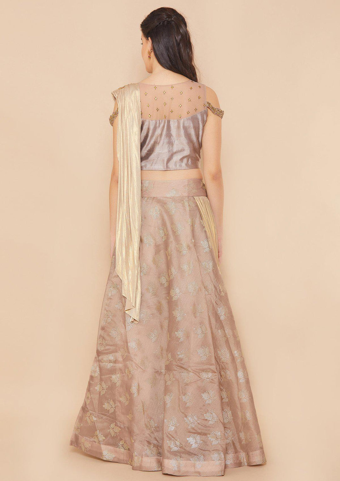 Koskii Stonework Rawsilk TAUPE Lehenga-Koskii
