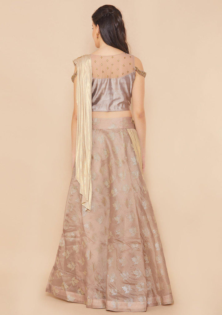 Koskii Stonework Rawsilk TAUPE Lehenga-Koskii