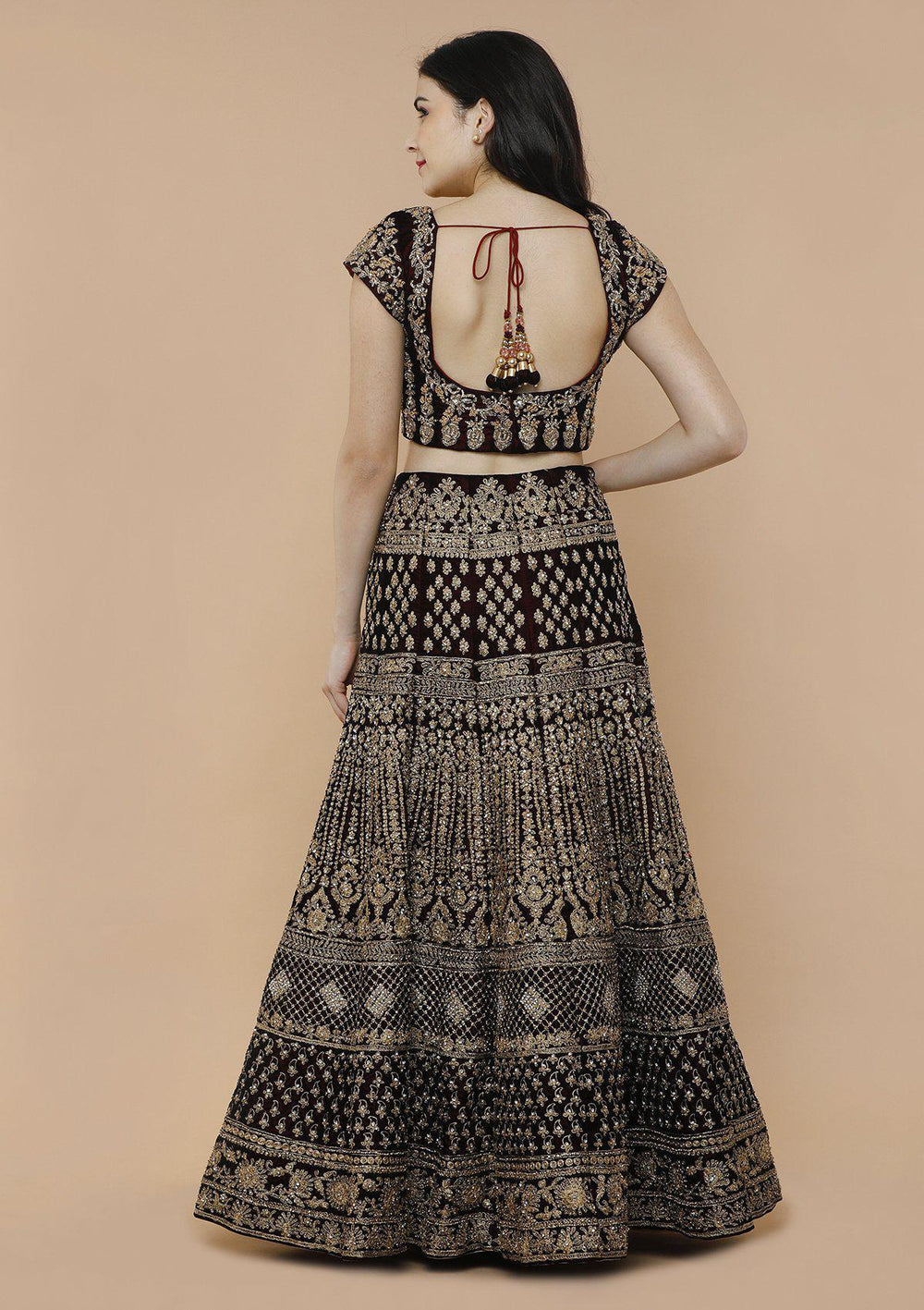 Maroon and Pink Embellished Velvet Designer Lehenga-Koskii