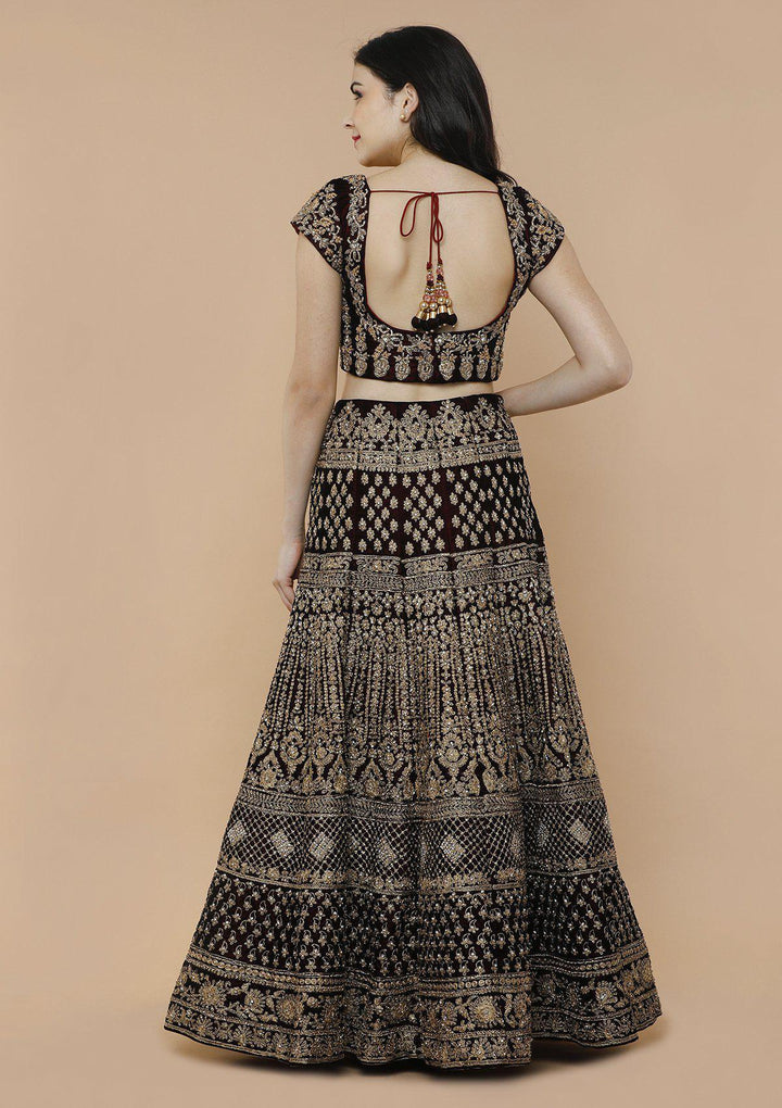 Maroon and Pink Embellished Velvet Designer Lehenga-Koskii