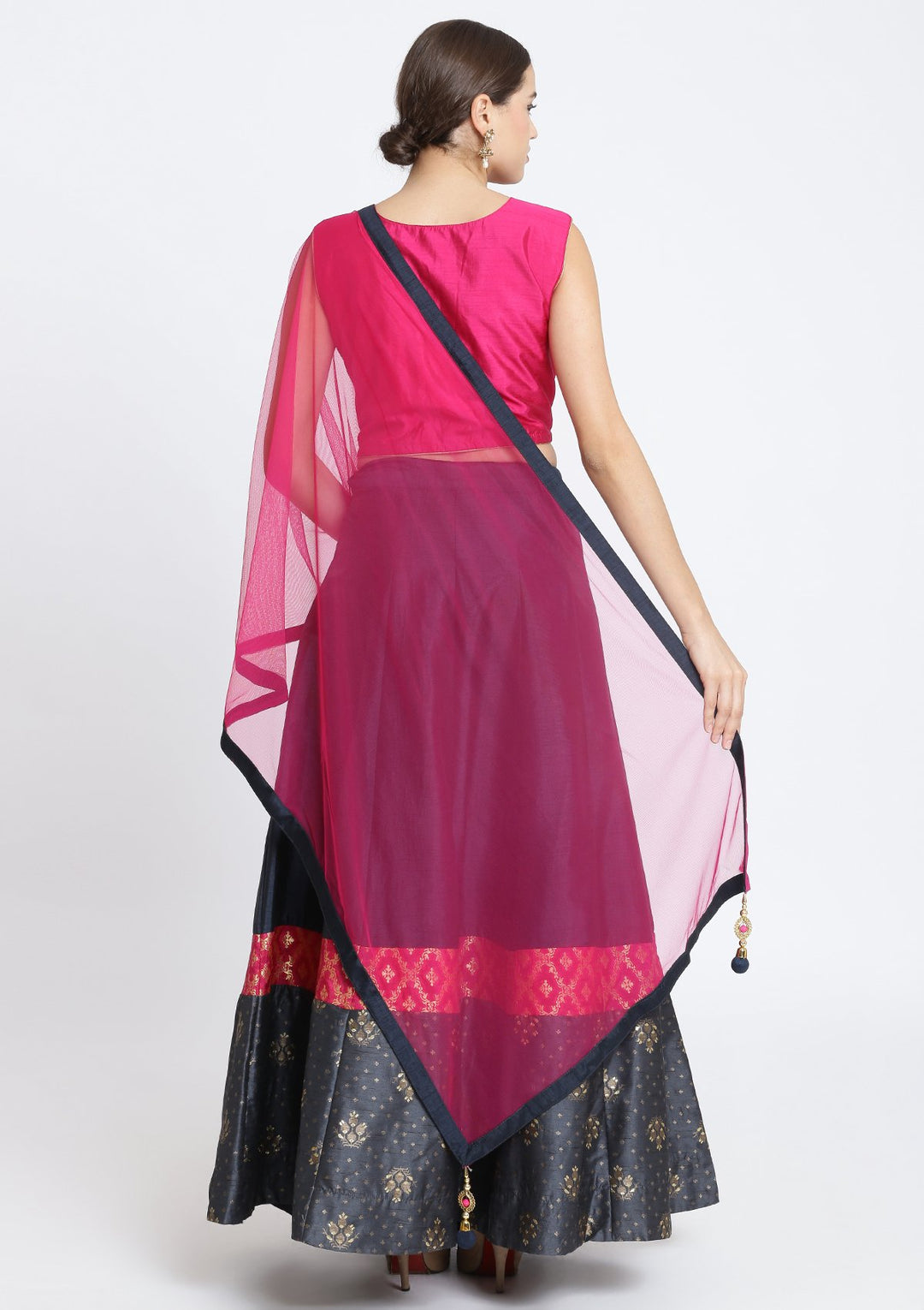 Navy Blue and Fuschia Cutdana Rawsilk Designer Lehenga-Koskii
