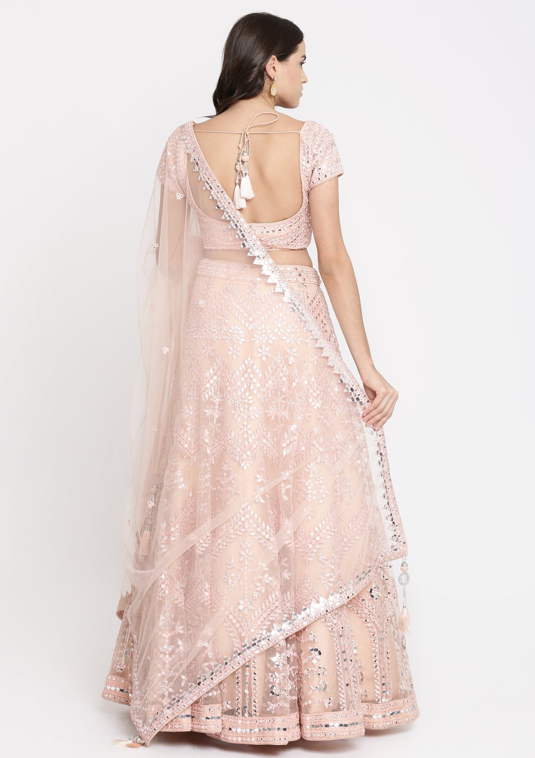 Peach Mirrorwork Net Designer Lehenga-Koskii