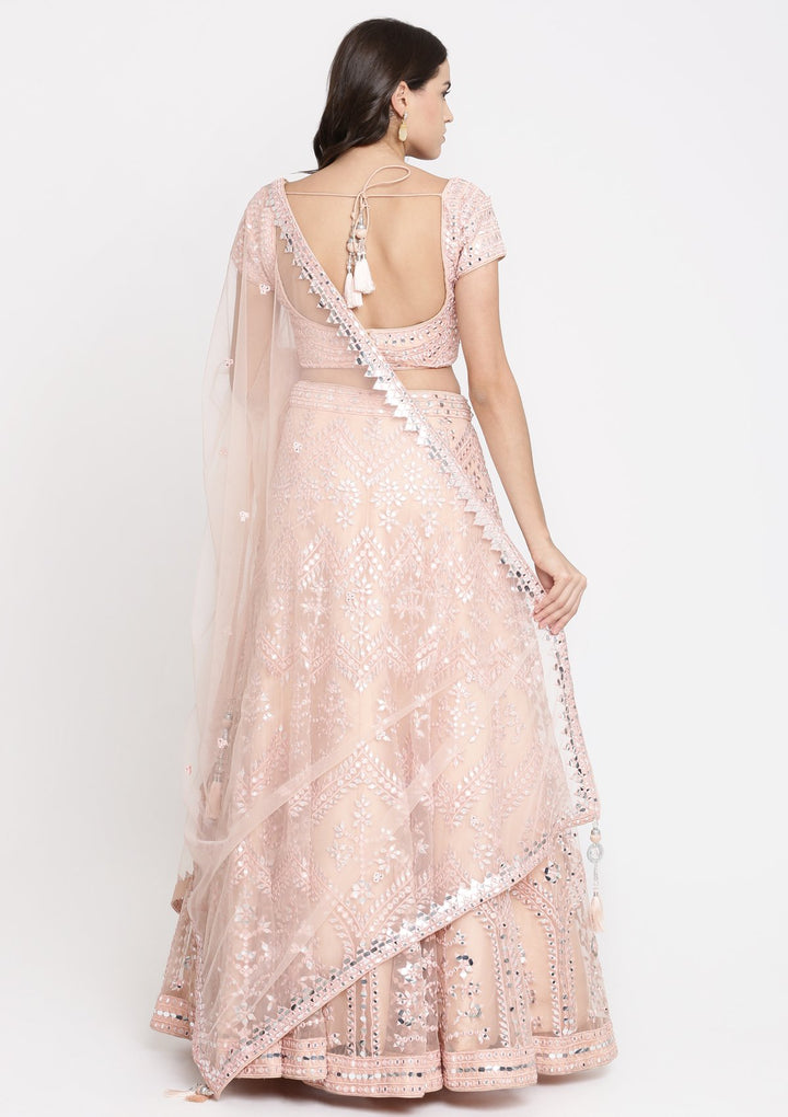 Peach Mirrorwork Net Designer Lehenga-Koskii