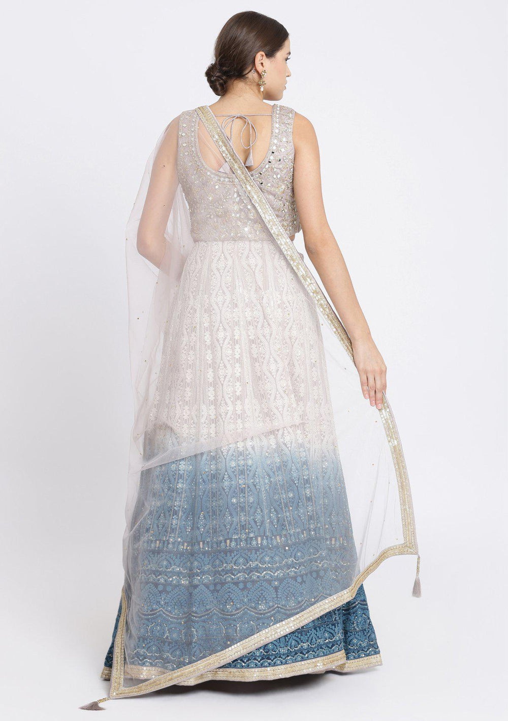 Peacock Blue Mirrorwork Georgette Designer Lehenga-Koskii