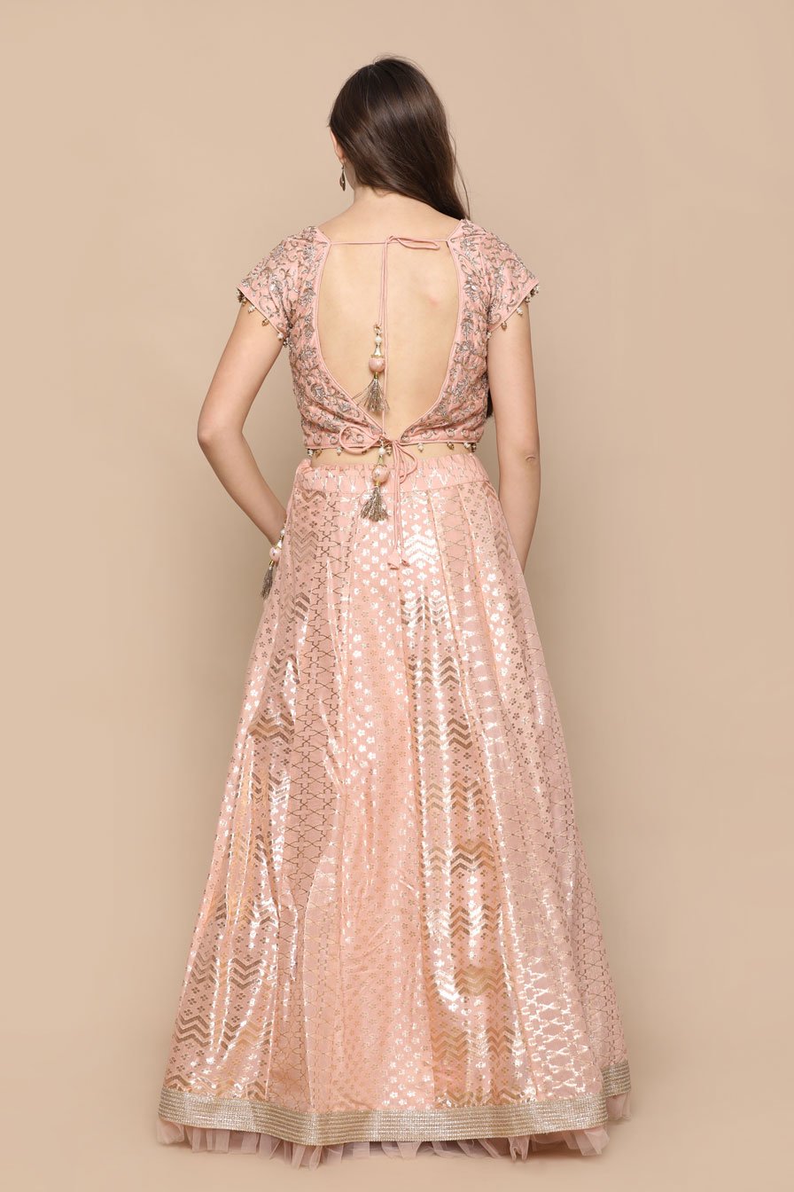 Peach Pink Cutdana Work Brocade Designer Lehenga-Koskii